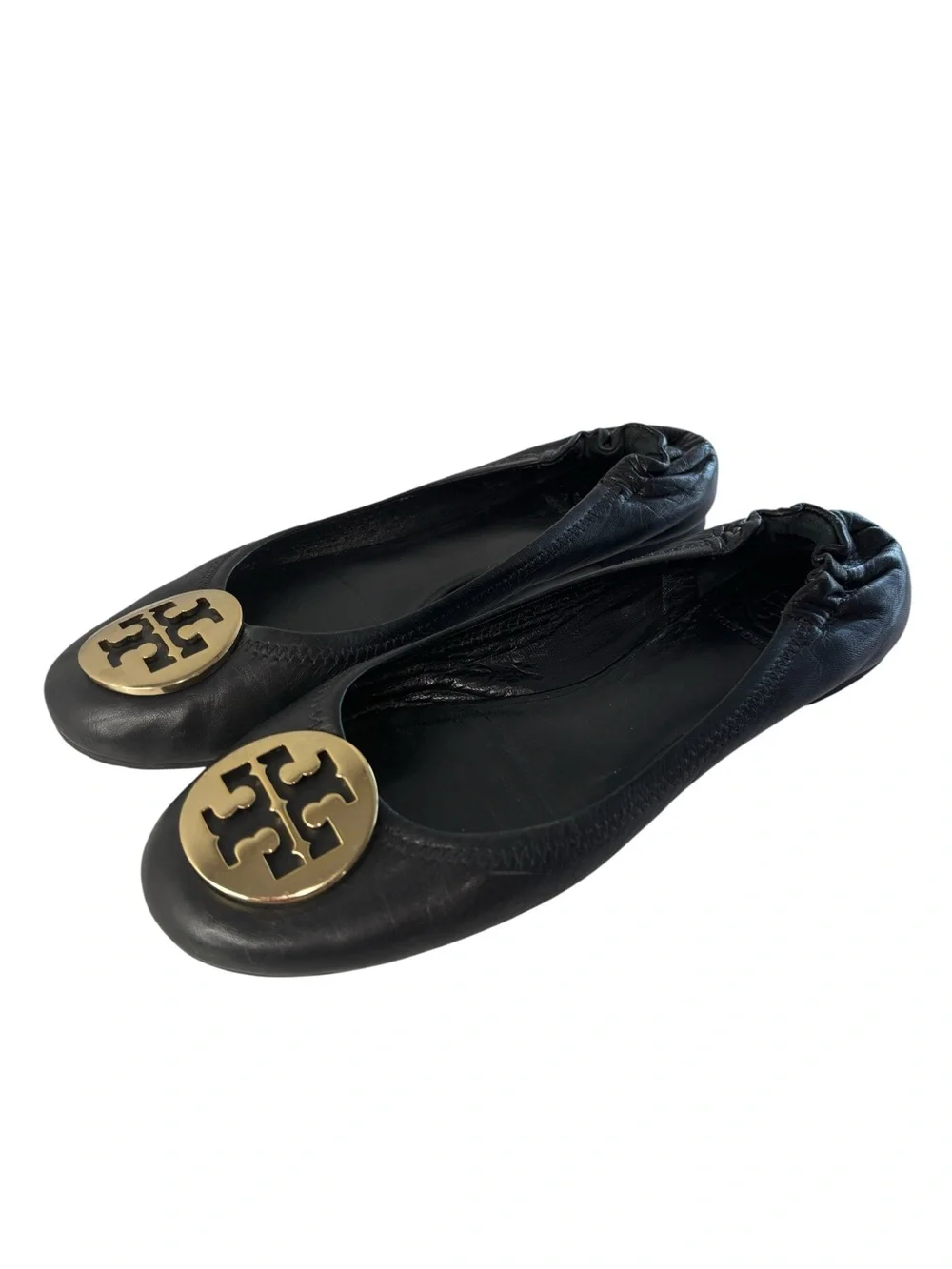 Tory Burch Minnie Leather Ballet Flats Womens Shoe Size 8 Black Travel Gold Logo